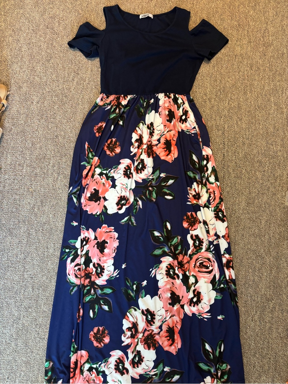 Cold-Shoulder Navy Maxi Dress with Pink Floral Skirt